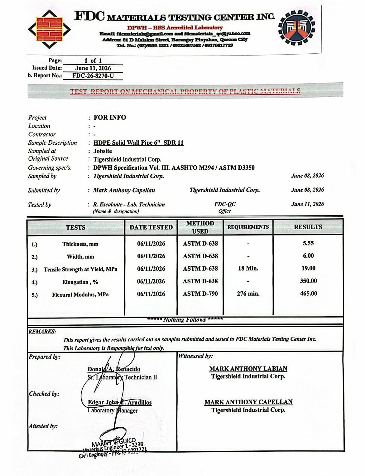 FDC Materials Testing Center Report HDPE Solid Wall 6 inch SDR11