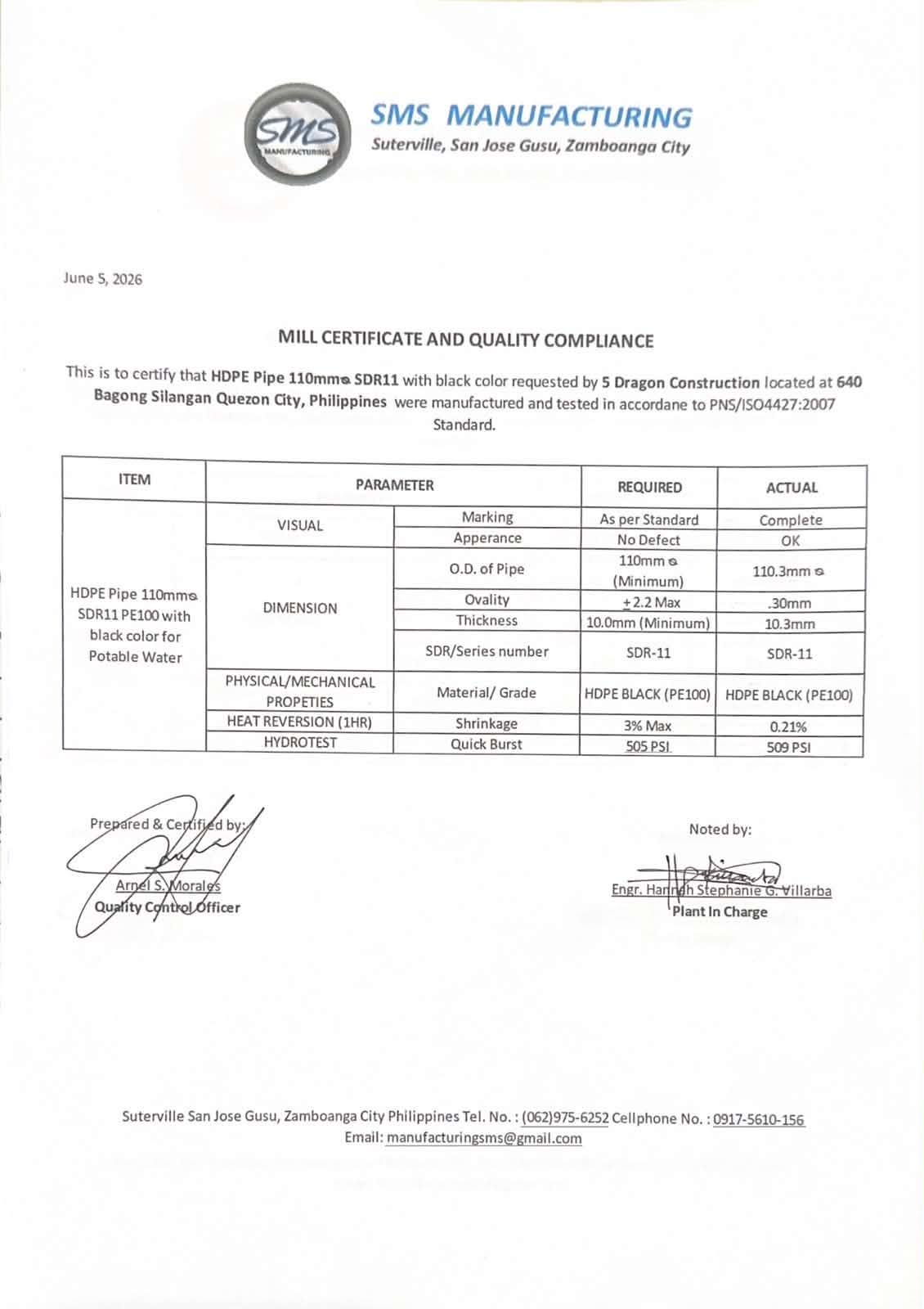 SMS Manufacturing Mill Certificate HDPE 110mm Series B SDR11