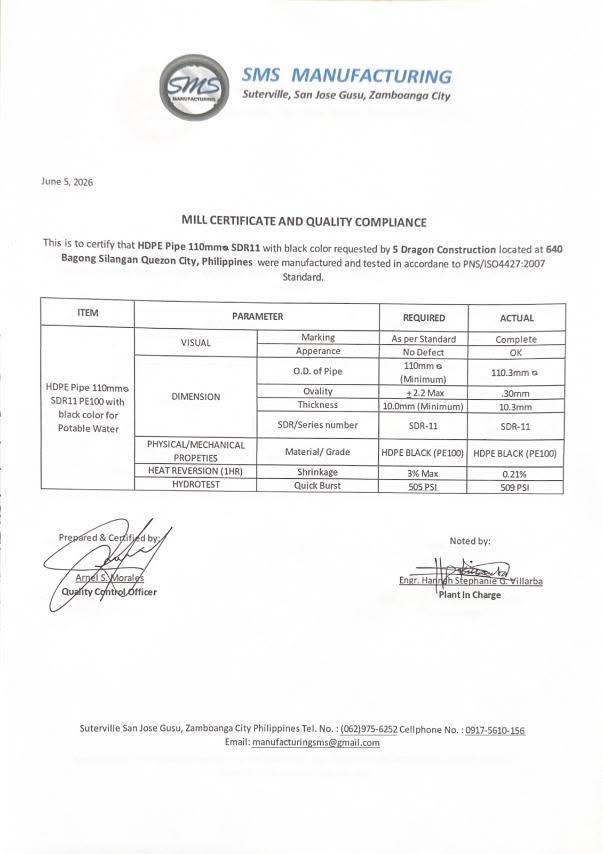 SMS Manufacturing Mill Certificate HDPE 110mm SDR11 PE100 for 5Dragon Construction Corp.