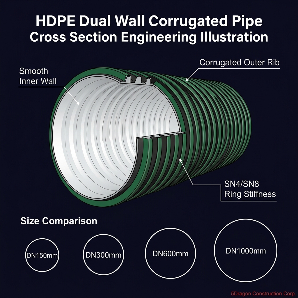 HDPE Dual Wall Corrugated Pipe cross-section and size diagram — 5Dragon Construction Corp.