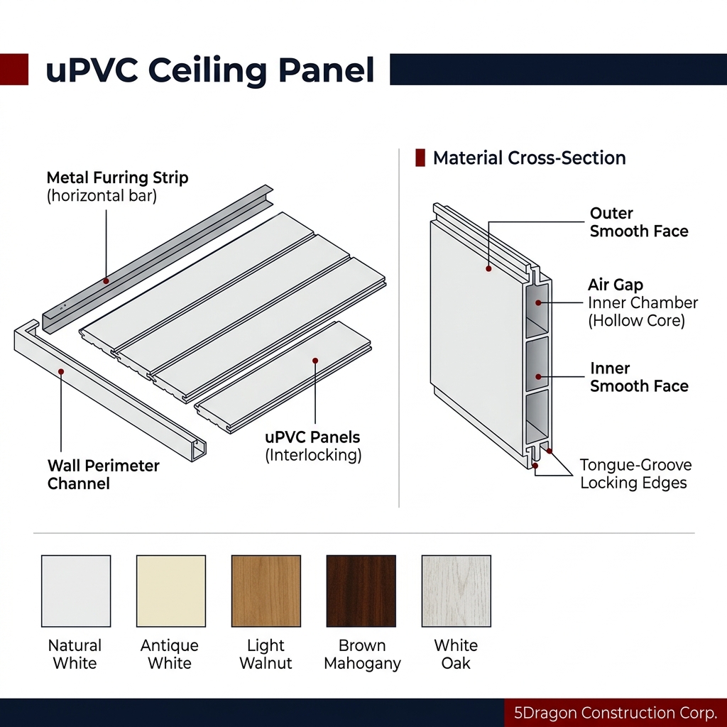 uPVC Ceiling Panel installation and cross-section diagram — 5Dragon Construction Corp.